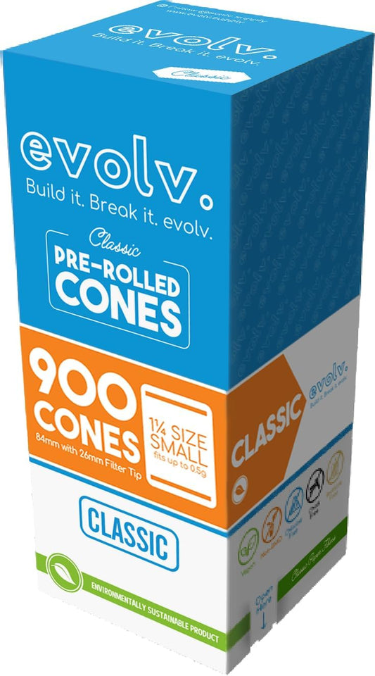 Evolv Classic Brown Pre Rolled Cones Rolling Paper | Size: 1 1/4 (84/26mm) | 900 Count Case | Unbleached, Slow Burning Preroll Cones | Rolling Cone