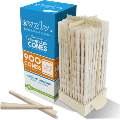 Evolv Organic Hemp Pre Rolled Cones Rolling Paper | Size: 1 1/4 (84/26mm) | Evolv Tip | 900 Count Case | Unbleached, Slow Burning Preroll Cones | Rolling Cone