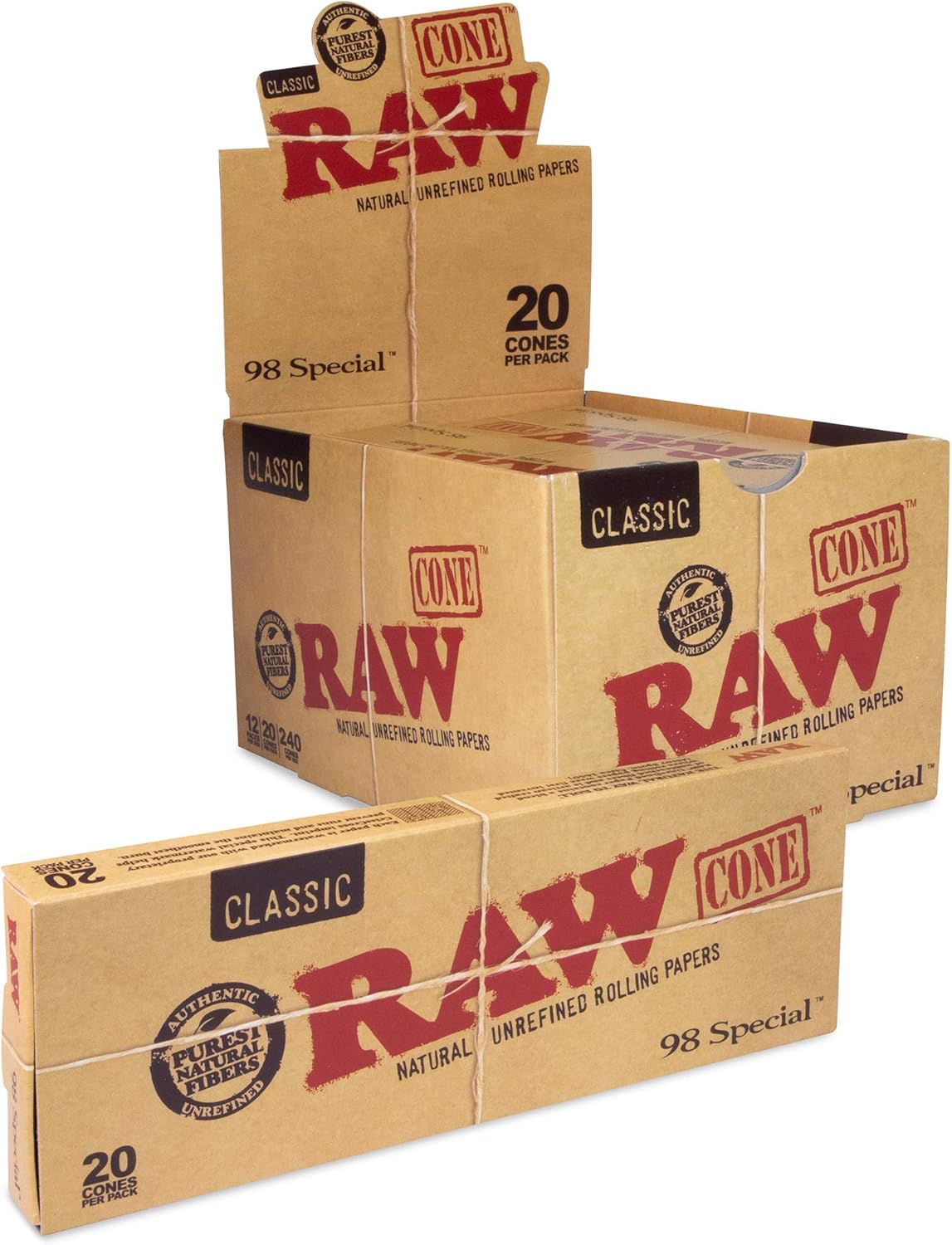 RAW Classic Natural Unrefined Pre Rolled Cones | 98 Special Size | 240 cones (12 packs, 20 cones/pk)