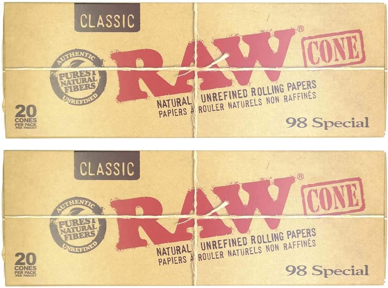 RAW Classic Natural Unrefined Pre Rolled Cones - 20 Cones Per Pack - 98 Special Size (2 Pack)