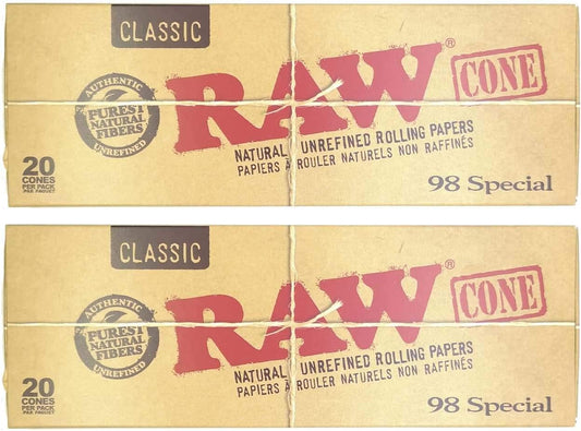 RAW Classic Natural Unrefined Pre Rolled Cones - 20 Cones Per Pack - 98 Special Size (2 Pack)