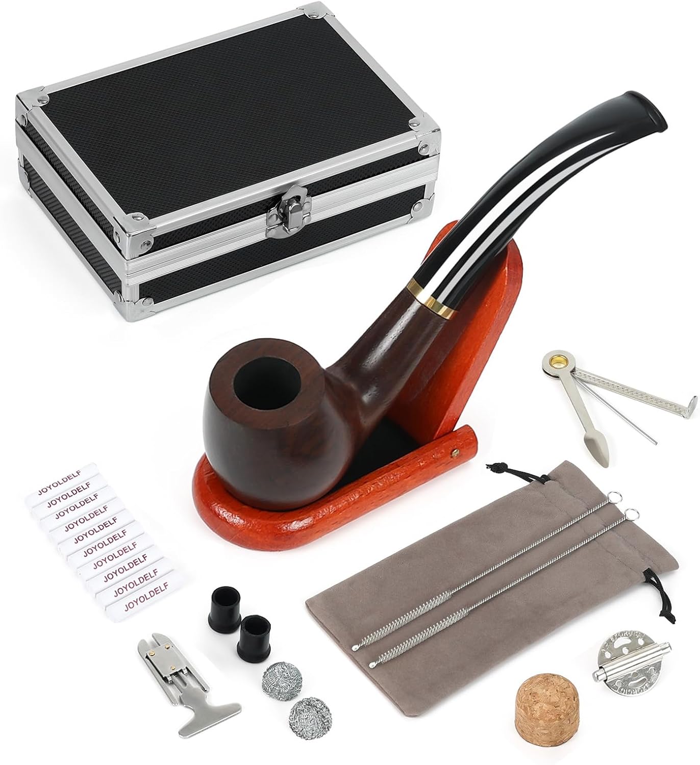 Joyoldelf Smoking Pipe, Wooden Tobacco Pipe with Elegant Gift Case Packaging, Handmade Pipe Tobacco with Wind Cap Cover, Cleaning Brush, 9mm Pipe Filter, Tobacco Pipe Stand and Smoking Accessories