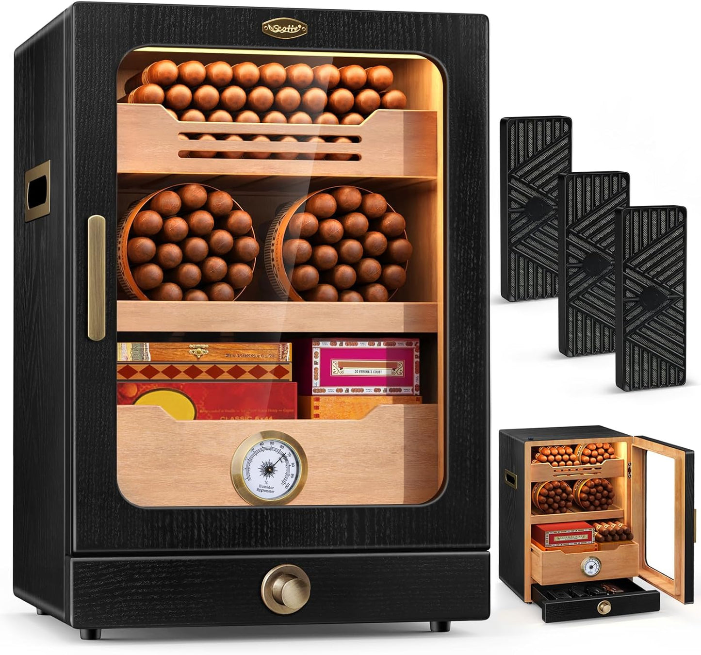 Scotte LED Lighted Cigar Humidor Cabinet, 15L Cigar Humidors for 100-150 Cigars, with Spanish Cedar Wood Shelves&Accessories Drawer, 3 Humidifiers, Hygrometer, Magnetic Door, Gift for Men/Cigar Lover