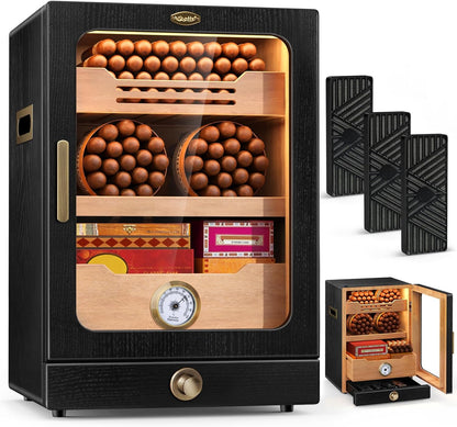 Scotte LED Lighted Cigar Humidor Cabinet, 15L Cigar Humidors for 100-150 Cigars, with Spanish Cedar Wood Shelves&Accessories Drawer, 3 Humidifiers, Hygrometer, Magnetic Door, Gift for Men/Cigar Lover