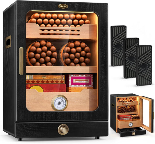 Scotte LED Lighted Cigar Humidor Cabinet, 15L Cigar Humidors for 100-150 Cigars, with Spanish Cedar Wood Shelves&Accessories Drawer, 3 Humidifiers, Hygrometer, Magnetic Door, Gift for Men/Cigar Lover