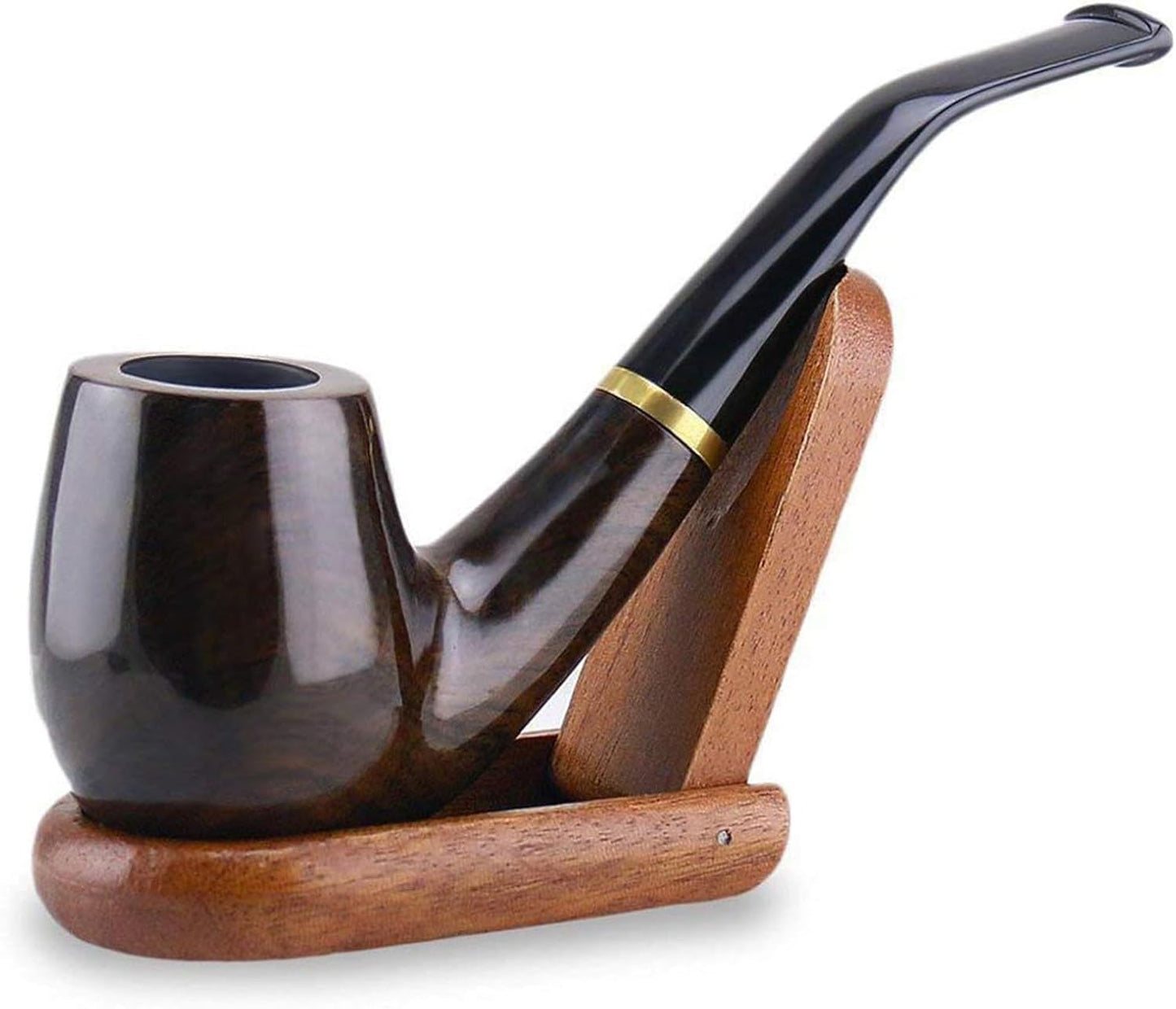 Joyoldelf tobacco pipes "Maigret" Black, Smooth, Bent, Hand made + Stand, Wooden Smoking Pipe with Gift Box