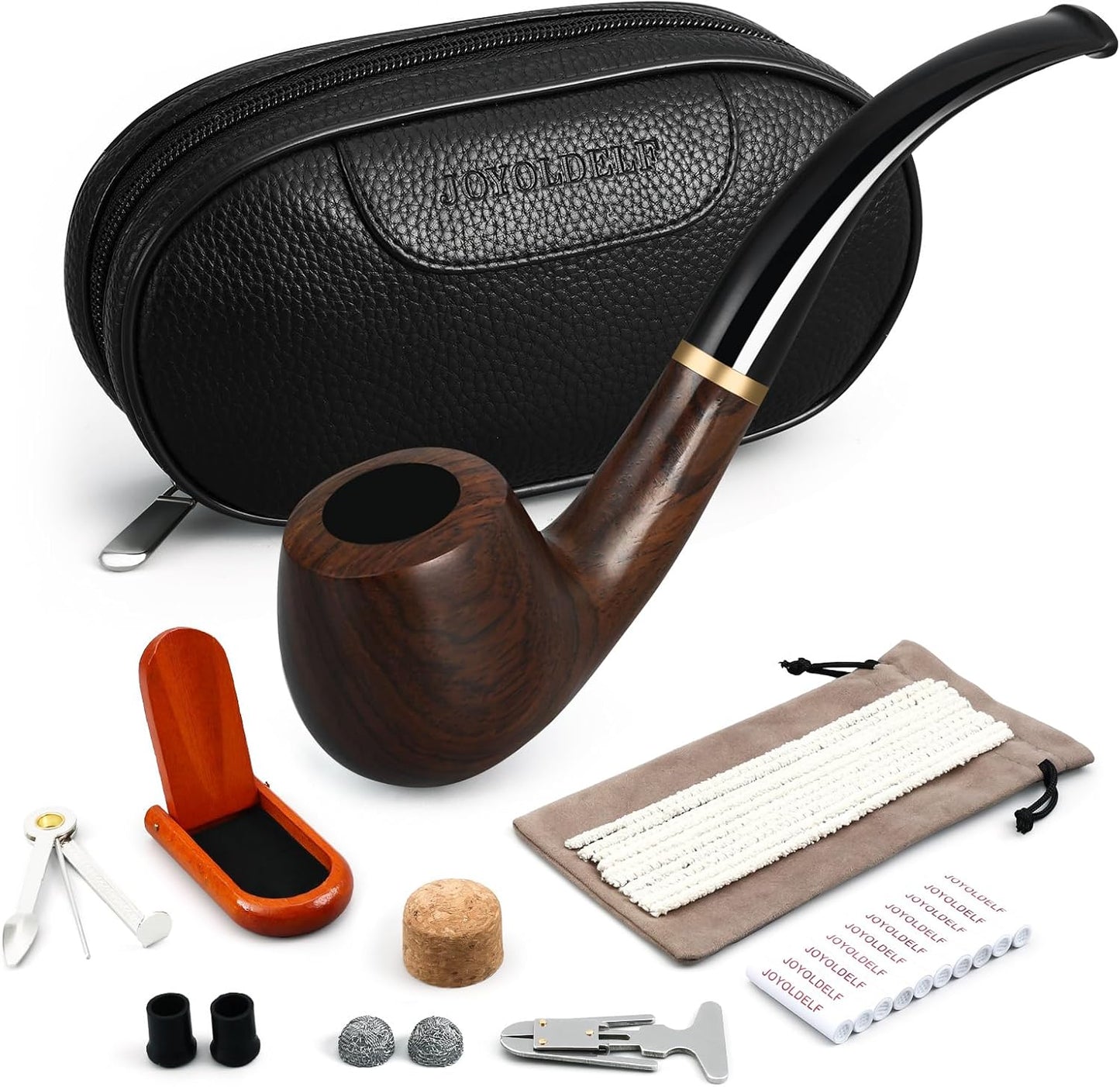 Joyoldelf Smoking Pipe, Luxury Tobacco Pipe with Leather Tobacco Pipe Pouch, Deepened & Windproof Tobacco Pipes for Smoking with 9mm Pipe Filter, Tobacco Pipe Stand and Smoking Accessories