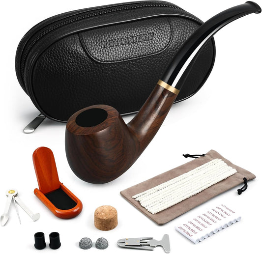 Joyoldelf Smoking Pipe, Luxury Tobacco Pipe with Leather Tobacco Pipe Pouch, Deepened & Windproof Tobacco Pipes for Smoking with 9mm Pipe Filter, Tobacco Pipe Stand and Smoking Accessories