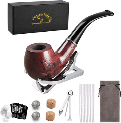 Joyoldelf Handmade Rosewood Tobacco Pipe - Wooden Smoking Pipe with Classical Flower Patterns and Stainless Steel Pipe Stand, Pipe Starter Kit for Beginner