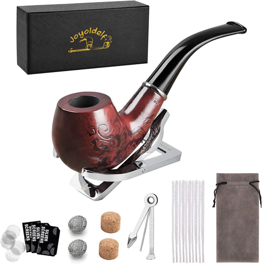 Joyoldelf Handmade Rosewood Tobacco Pipe - Wooden Smoking Pipe with Classical Flower Patterns and Stainless Steel Pipe Stand, Pipe Starter Kit for Beginner