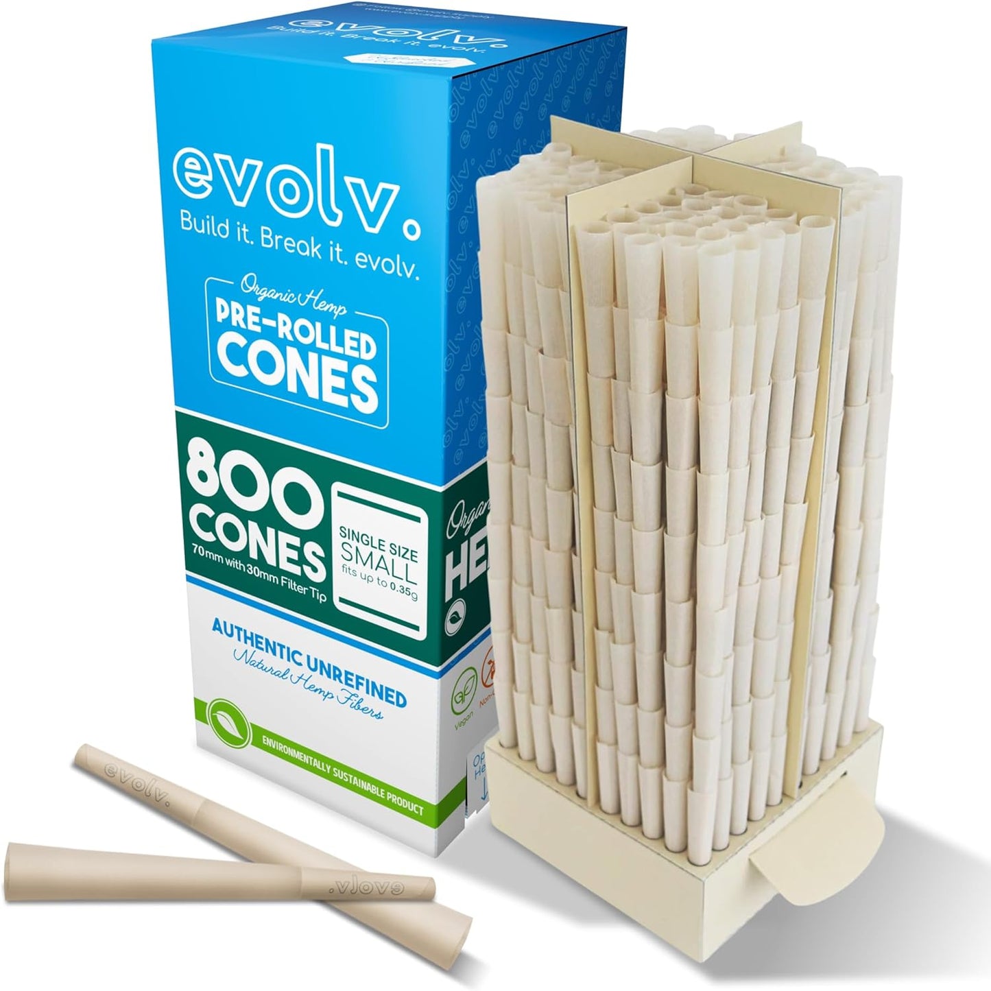 Evolv Organic Hemp Pre Rolled Cones Rolling Paper | Single Size (Dog Walker) 70/30mm | 800 Count Case | Unbleached, Slow Burning Preroll Cones | Artisan Crafted Rolling Cone | Size: Small (Designed Small for Personal Use)