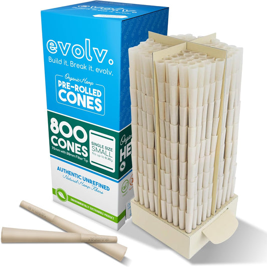 Evolv Organic Hemp Pre Rolled Cones Rolling Paper | Single Size (Dog Walker) 70/30mm | 800 Count Case | Unbleached, Slow Burning Preroll Cones | Artisan Crafted Rolling Cone | Size: Small (Designed Small for Personal Use)