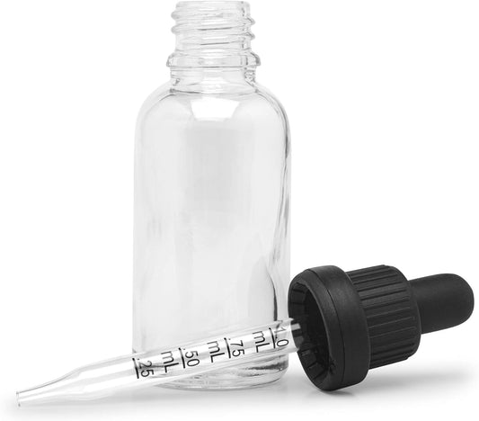 30ml Glass Dropper Bottles w/Measurements & Tamper Proof Lid | Clear Bottle & Black Cap | Concentrate, Medicine, Makeup, Supplement or Oil Containers | 120pc